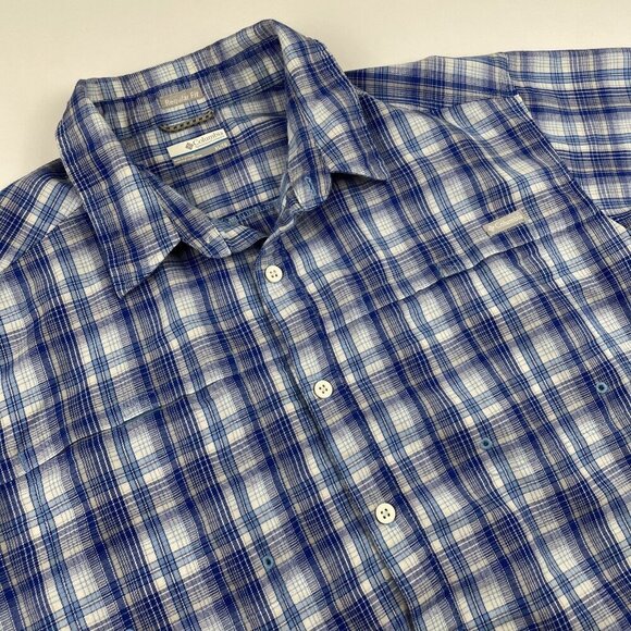 Columbia Button Up Shirt Men's XL Hike Fish Camp Lightweight Plaid Blue - Picture 1 of 8